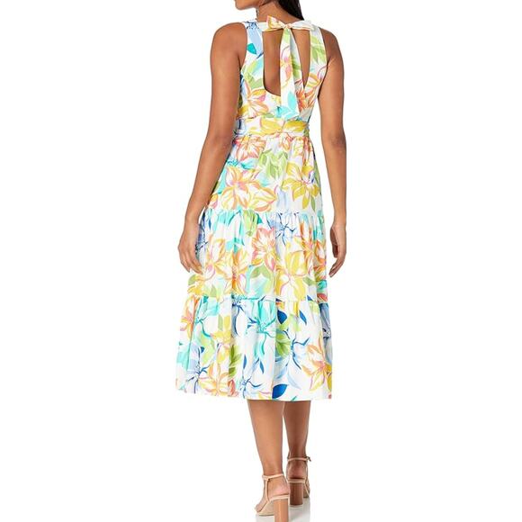 Tahari Tropical Floral Tiered Tie Back Midi Dress - Picture 2 of 10